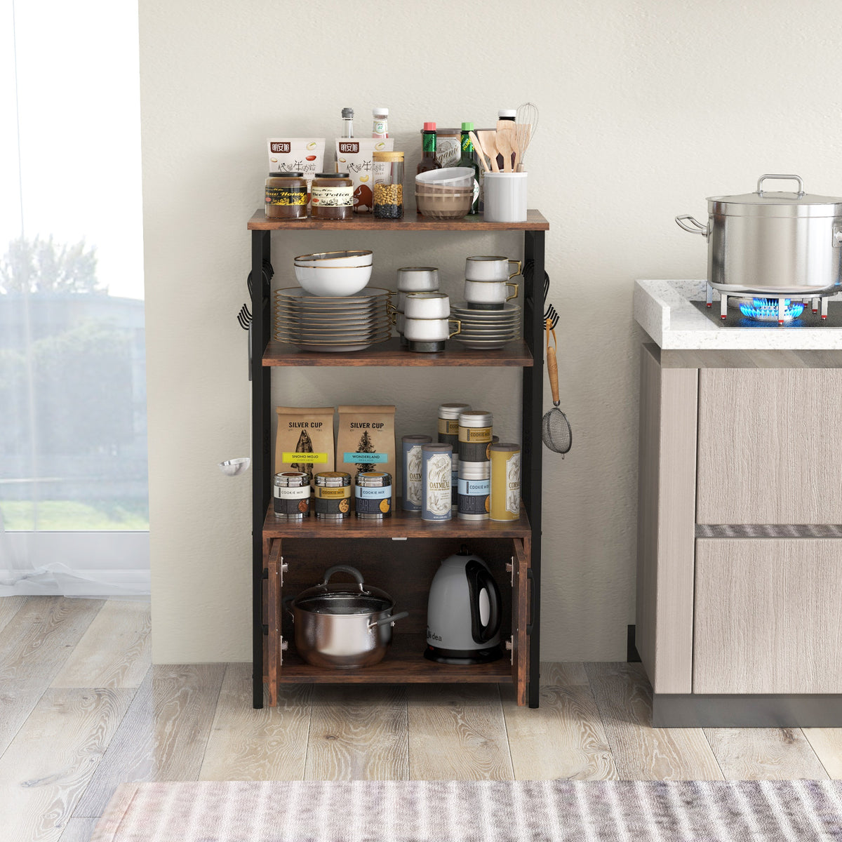 Kitchen Baker's Rack with Cabinet, 3-Tier Pantry Cabinet with 2 Open Shelves
