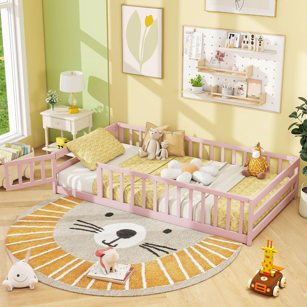 Goflame Floor Bed with Door & Fence Kids Wood Montessori Beds with Safety Guardrails