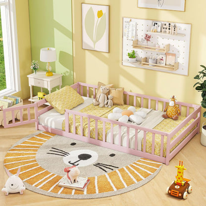 Goflame Floor Bed with Door & Fence Kids Wood Montessori Beds with Safety Guardrails