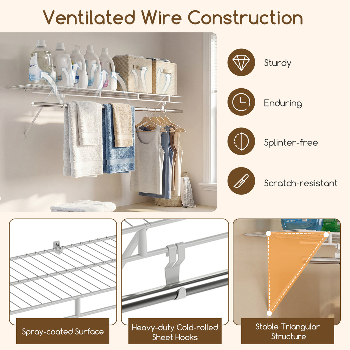Wall Mounted Closet Shelf with Hanging Rod, 4 ft x 12” Metal Wire Storage Shelf & Clothes Rod Organizer