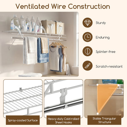Wall Mounted Closet Shelf with Hanging Rod, 4 ft x 12” Metal Wire Storage Shelf & Clothes Rod Organizer
