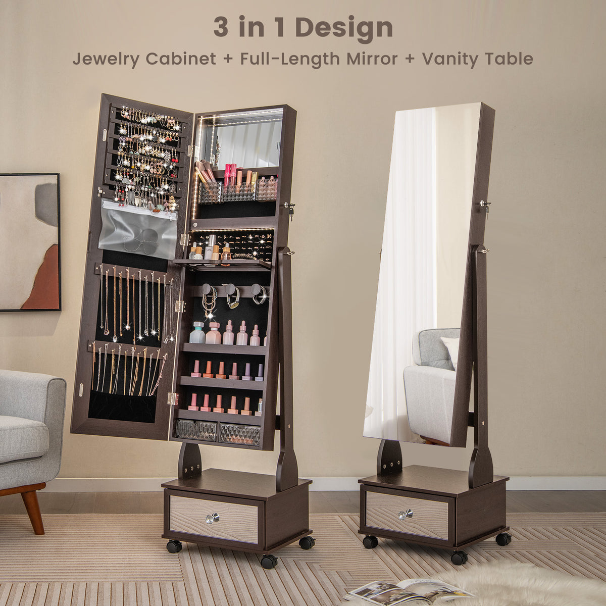 Standing Jewelry Cabinet Armoire with Wheels, Lockable Jewelry Storage Organizer with Full Length Mirror