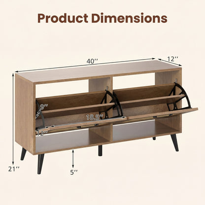 Rattan Shoe Storage Cabinet with 2 Flip Drawers, Hidden Shoe Storage Organizer with Adjustable Shelves and Metal Legs