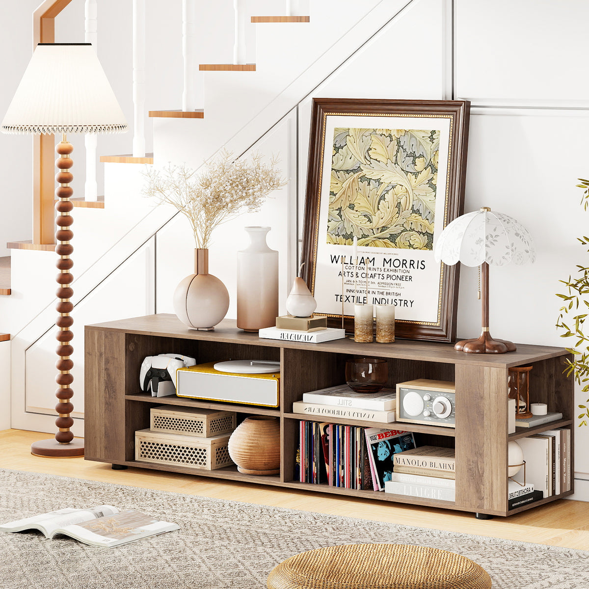 TV Stand for TVs up to 65 Inches, Modern Media Entertainment Center with 4 Open Storage Shelves and 4 Side Storage Shelves