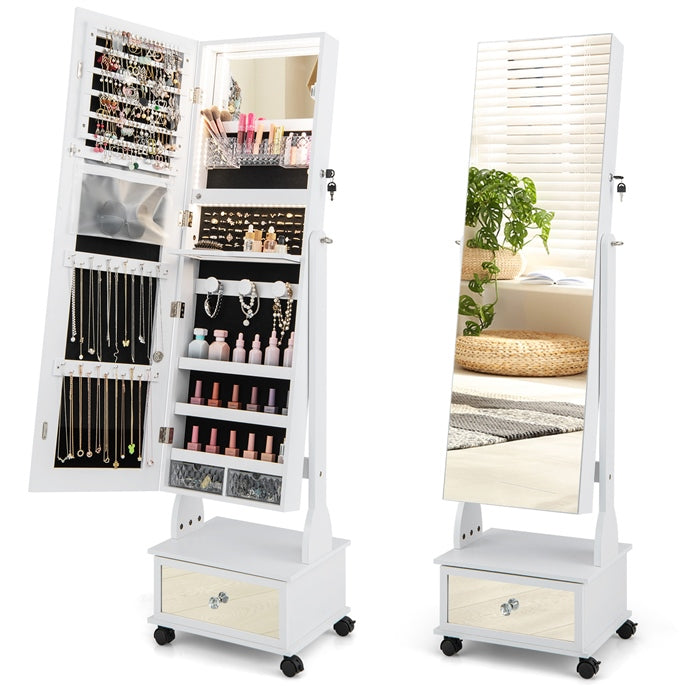 Standing Jewelry Cabinet Armoire with Wheels, Lockable Jewelry Storage Organizer with Full Length Mirror