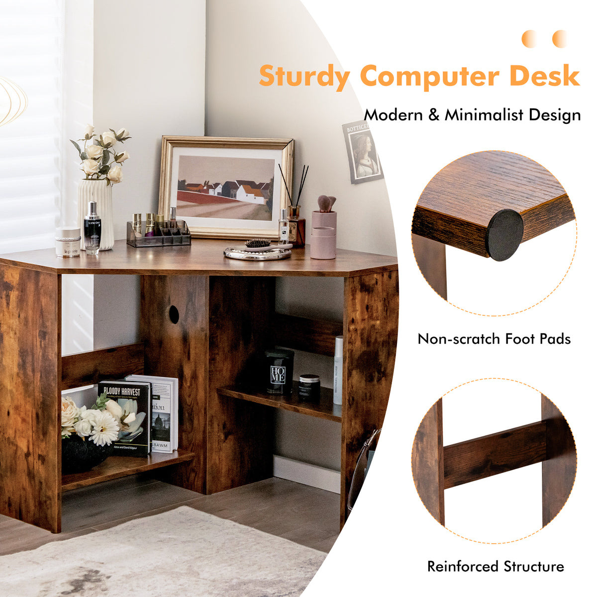Corner Desk with Storage Shelves, Triangular Computer Desk with Cable Management Holes