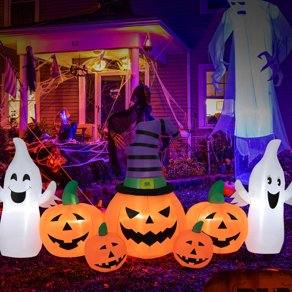 9FT Long Halloween Inflatable Pumpkin with 2 Ghosts, Blow up Yard Decoration with Built-in LED Lights