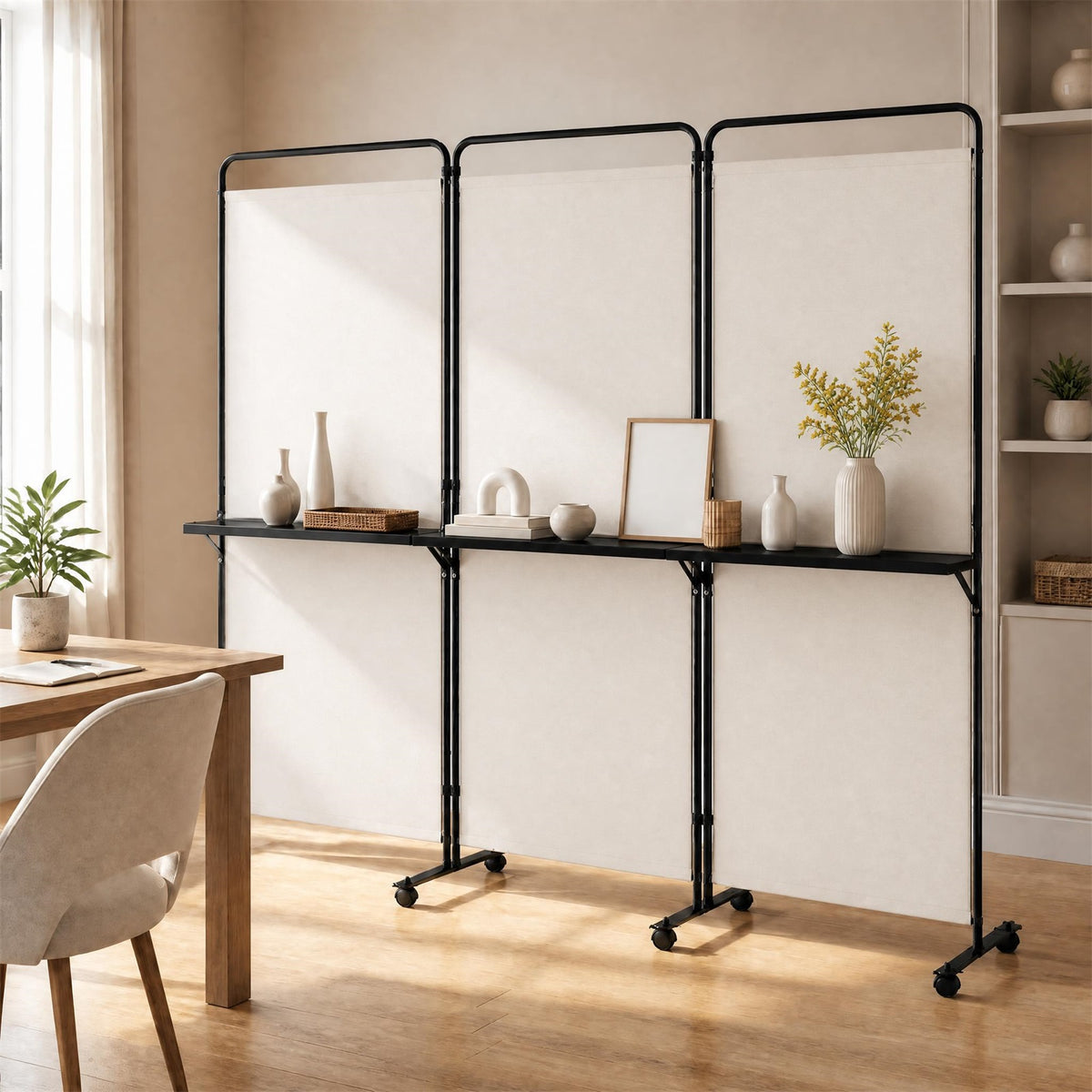 3 Panel Room Divider with Storage Shelves, 6FT Folding Privacy Screen with Lockable Wheels