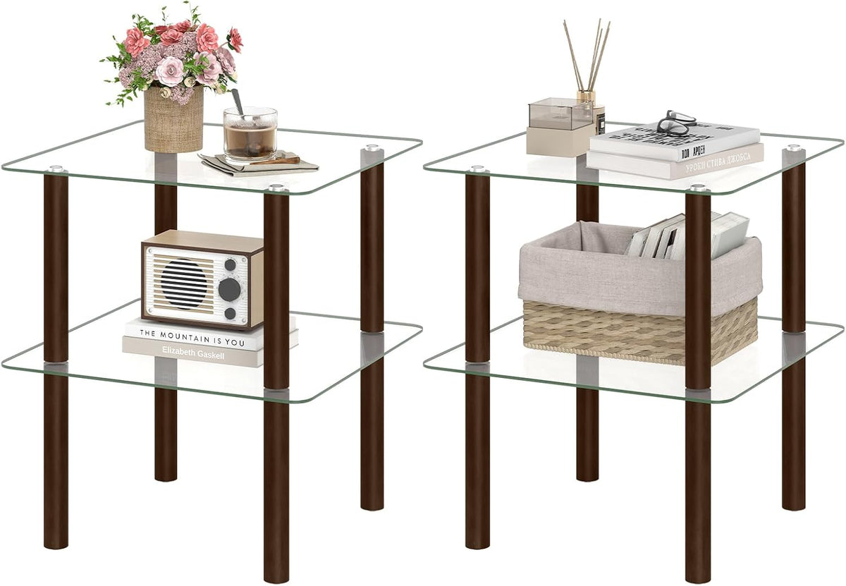 Goflame Round/Square 2-Tier Sofa Side Table with Clear Tempered Glass Top & Shelf (1/2)