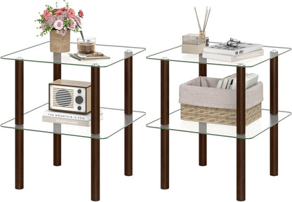 Goflame Round/Square 2-Tier Sofa Side Table with Clear Tempered Glass Top & Shelf (1/2)