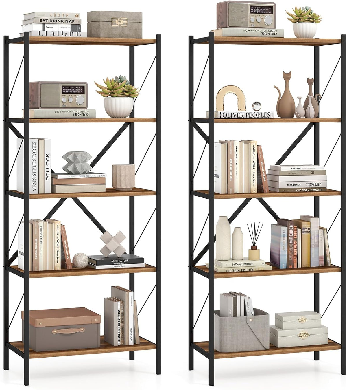 Goflame 5-Tier Tall Industrial Bookcase with Heavy-Duty Metal Frame (1/2)