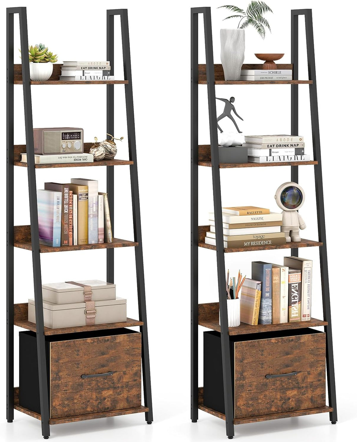 Goflame 5-Tier Industrial Ladder Bookshelf with Removable Fabric Drawer (1/2)