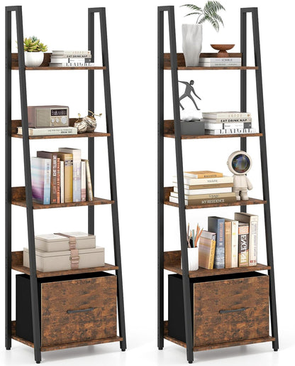 Goflame 5-Tier Industrial Ladder Bookshelf with Removable Fabric Drawer (1/2)