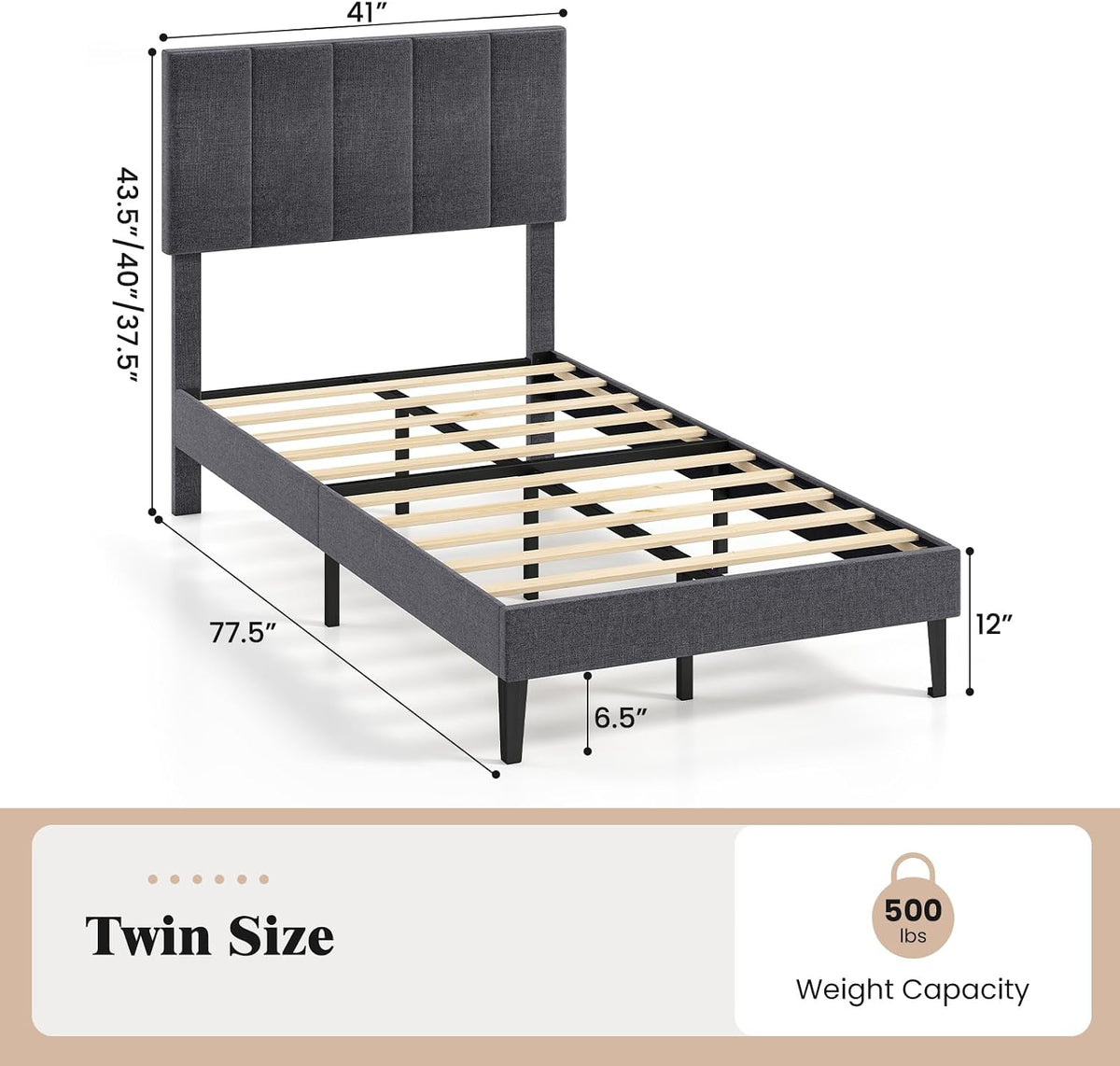 Goflame Queen/Full/Twin Size Upholstered Bed Frame Platform Bed with Height Adjustable Vertical Channel Headboard