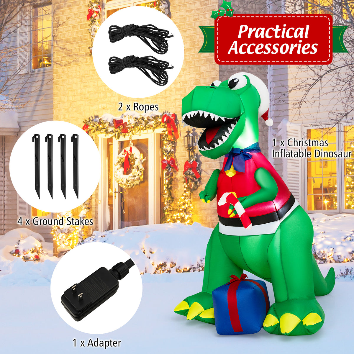 6 FT Christmas Inflatable Dinosaur with Gift, Blow Up Xmas Decoration with LED Lights
