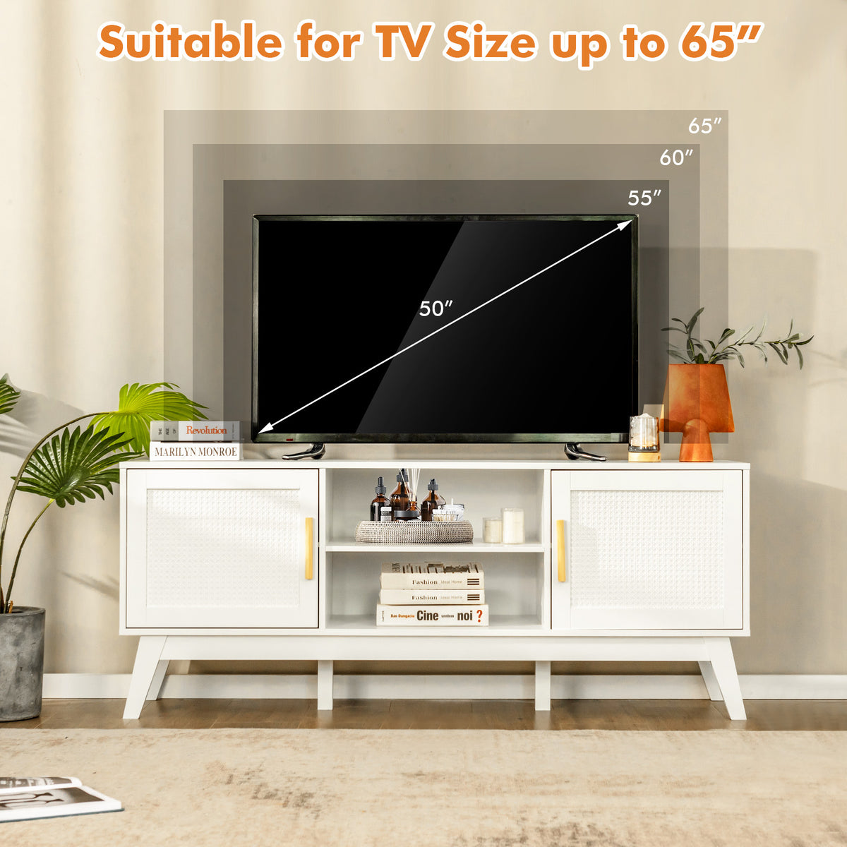 Rattan TV Stand for TVs up to 65 Inch, Modern Entertainment Center with Storage Cabinet