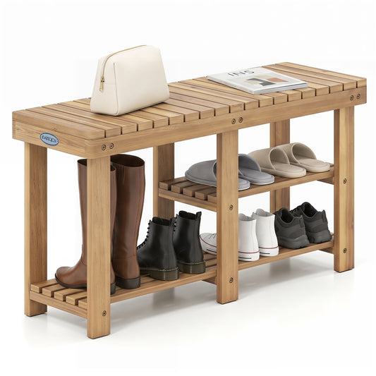 Wooden Shoe Rack Bench, 3-Tier Free Standing Entryway Bench Seat with Slatted Shelves