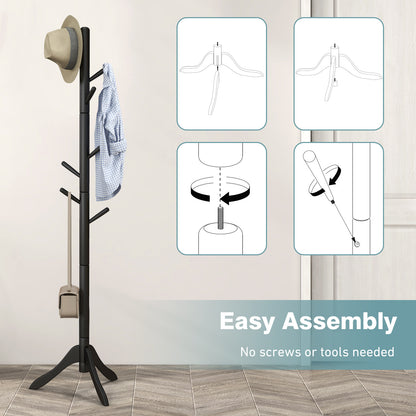 Coat Rack Freestanding, Wooden Entryway Coat Tree Hanger with 8 Hooks and 4 Sections