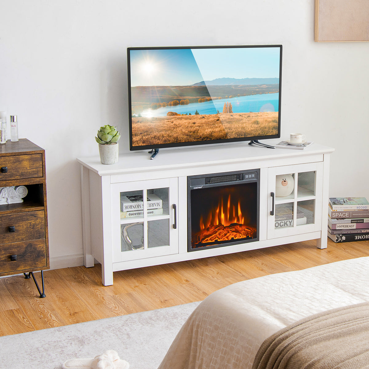 58" Fireplace TV Stand for TVs up to 65 Inches, Wooden TV Console with 18” Electric Fireplace Insert