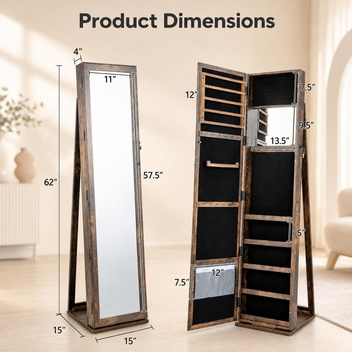 Jewelry Cabinet with Full-length Mirror, Jewelry Storage Organizer with Makeup Mirror