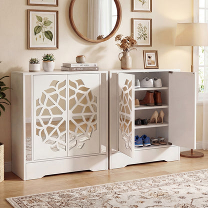 Shoe Storage Cabinet, 4-Tier Mirrored Shoe Cabinet with Doors and Bottom Drawer