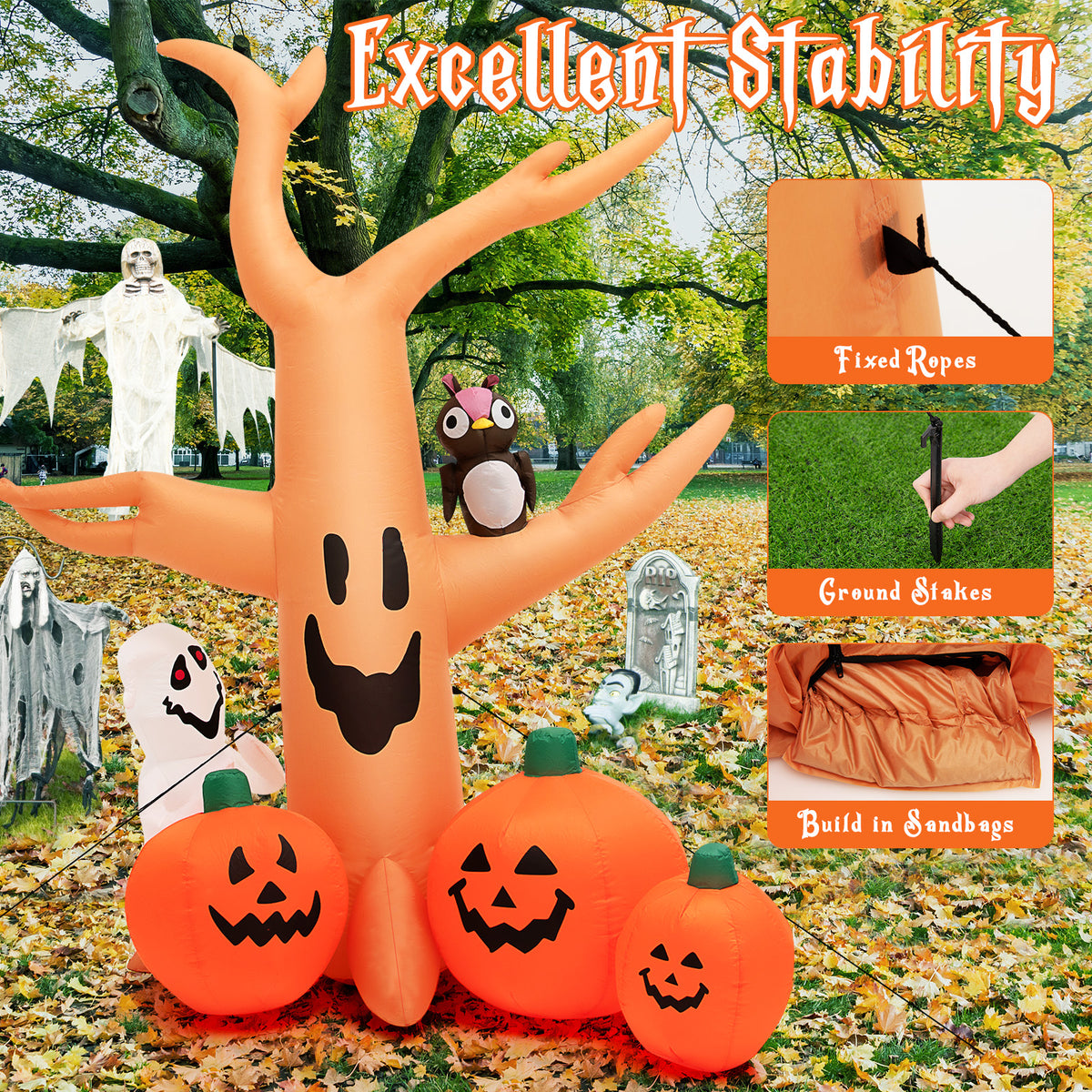 8 FT Halloween Inflatable Dead Tree with Pumpkins, Ghost and Owl, Blow up Yard Scary Tree with Bright LED Lights