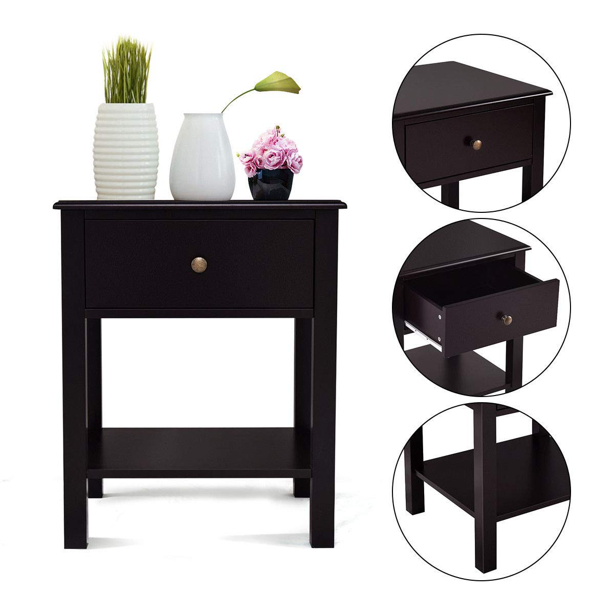 Goflame Nightstand W/Drawer and Shelf, Stable Frame Storage Cabinet