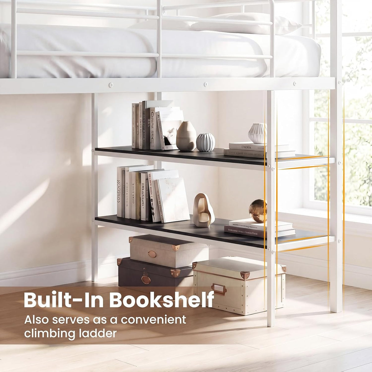 Goflame Low Loft Twin Size Bed with Desk & Bookshelf