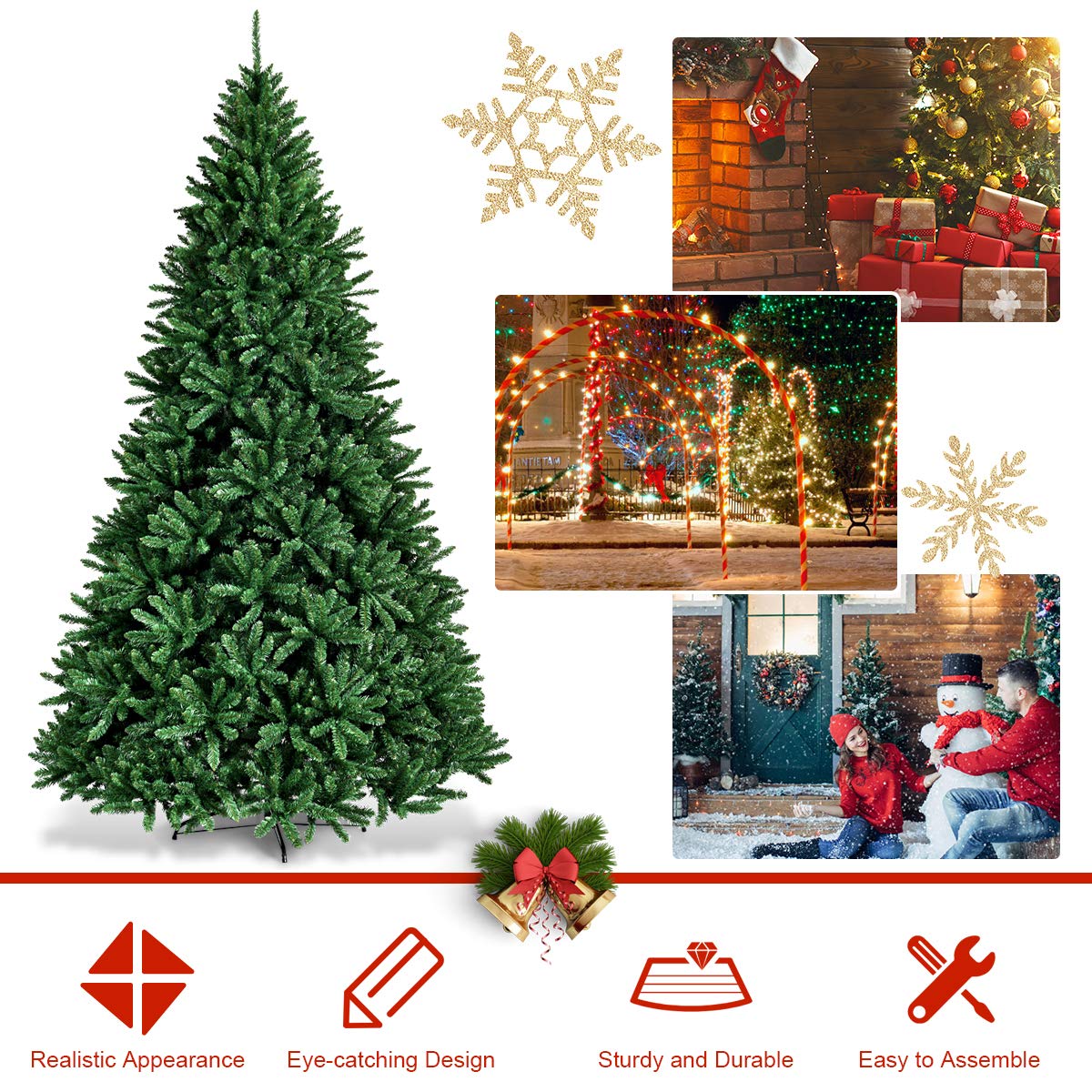 9ft Artificial Douglas Christmas Tree, Unlit Hinged Pine Tree, with 3594 Branch Tips and Solid Metal Stand - GoflameUS