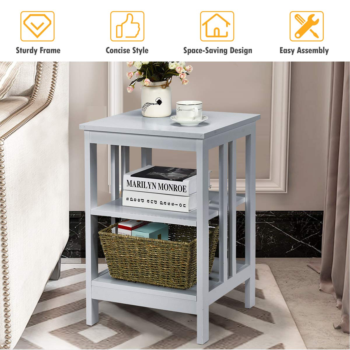 Goflame Nightstand 3-Tier Sofa Side Table W/Reinforced Bars and Stable Structure