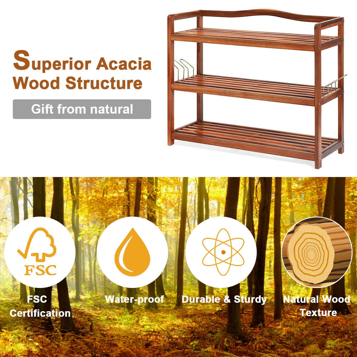 Goflame 3-Tier Wood Shoe Rack 4 Metal Side Hangers, 29"L x10.5"Wx 24.5"H