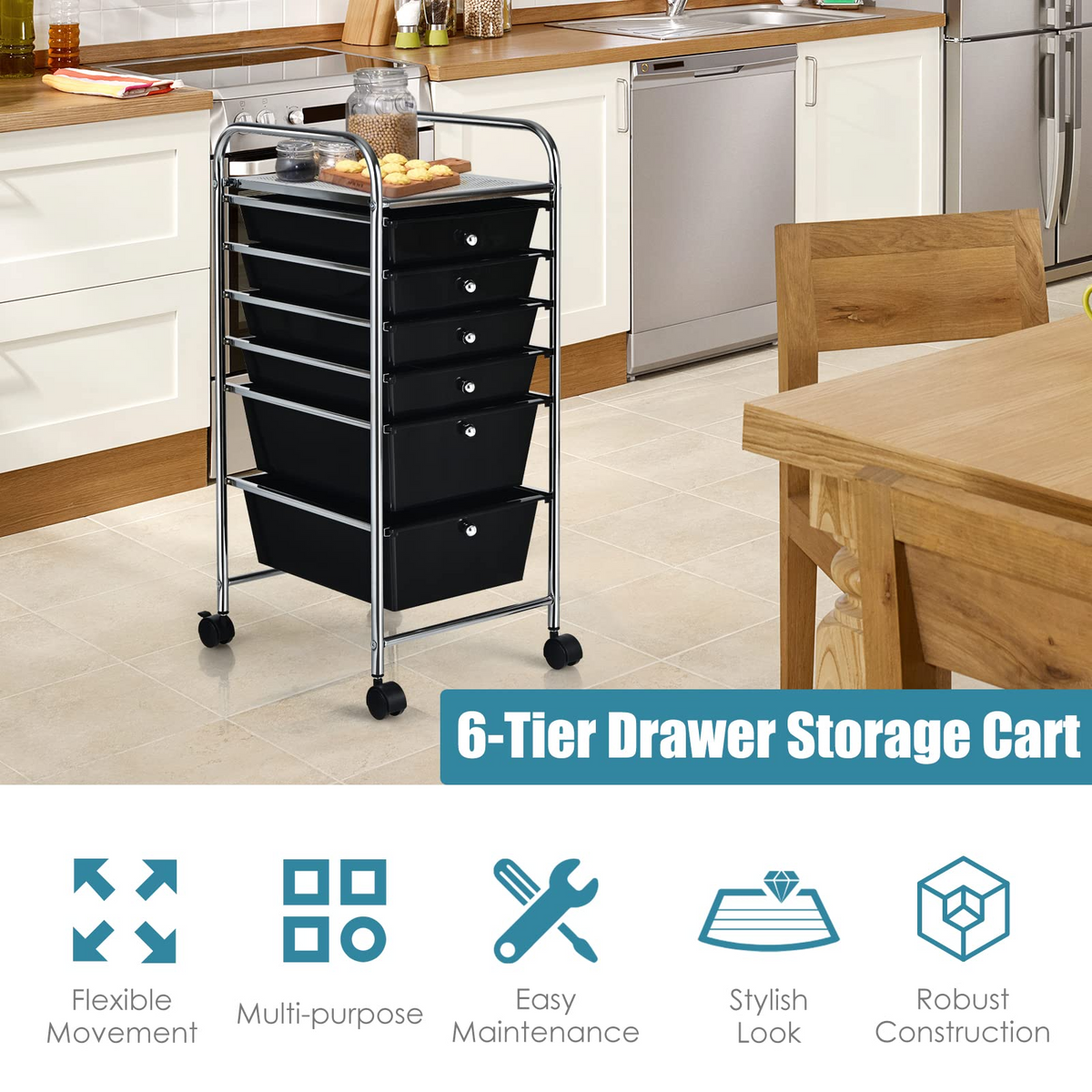 6 Storage Drawer Cart Rolling Organizer Cart, Black - Goflame