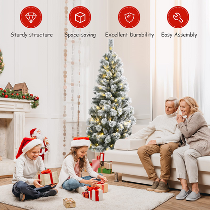Goflame Snow Flocked Christmas Tree, Premium Hinged Artificial Pine Tree, Remote Controller, Xmas Full Tree for Indoor - GoflameUS