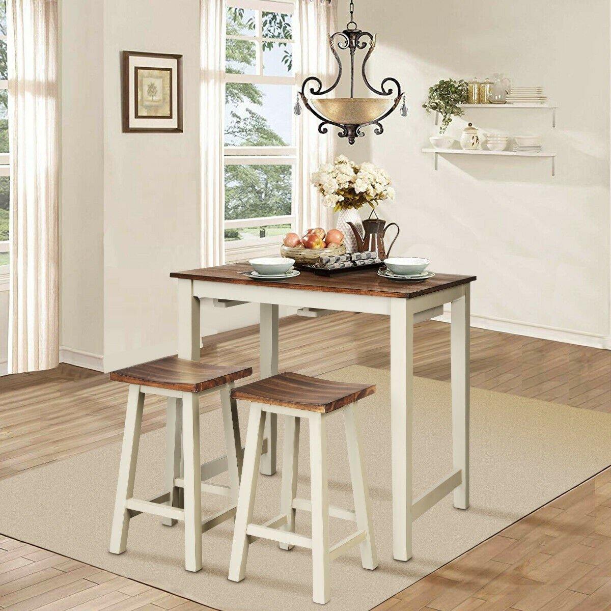 3 Piece Pub Dining Set, Counter Height Pub Table with 2 Saddle Bar Stools, Tavern Collection Table (Brown & Milky White) - Goflameus