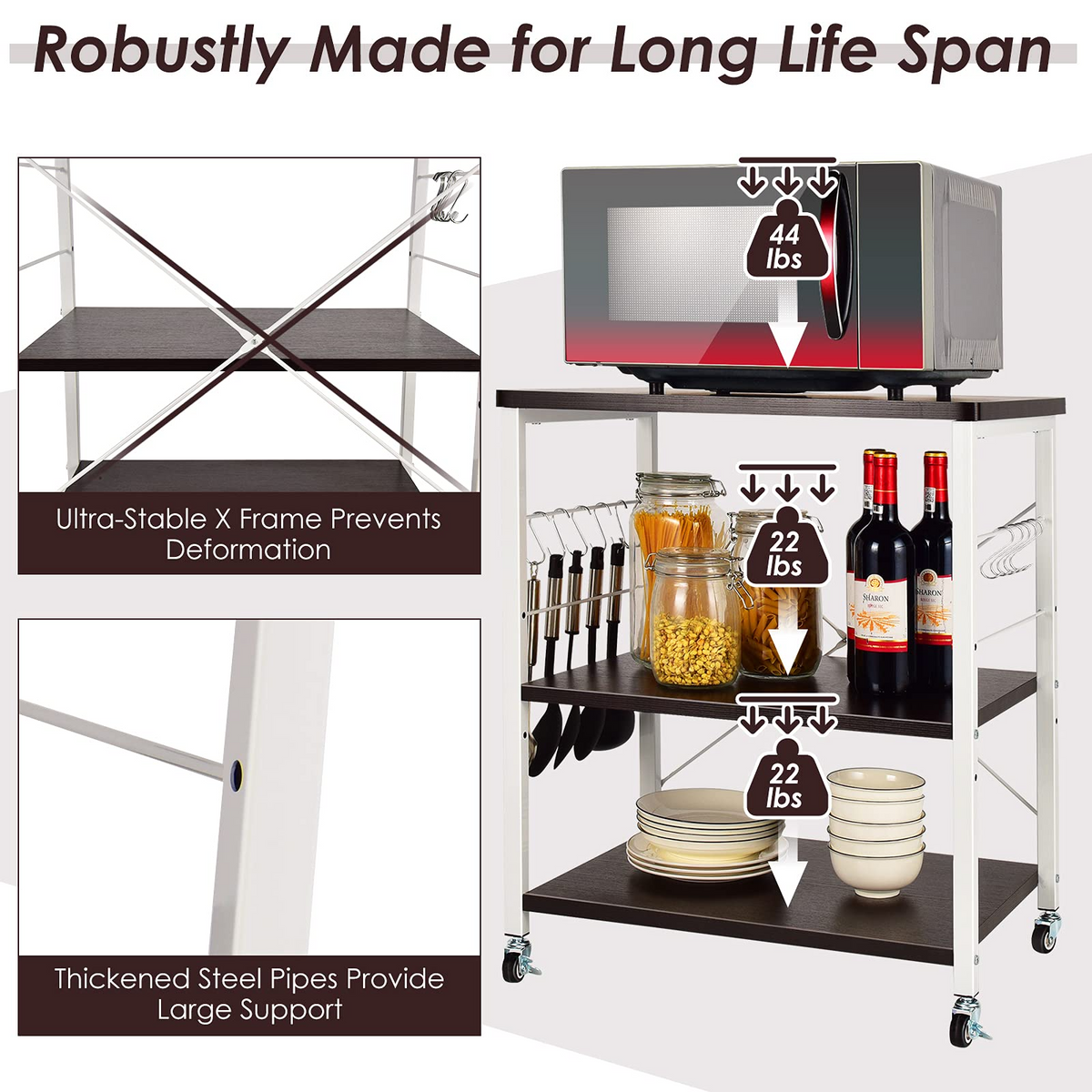 Goflame Kitchen Baker's Rack 3-Tier Microwave Cart on Wheels