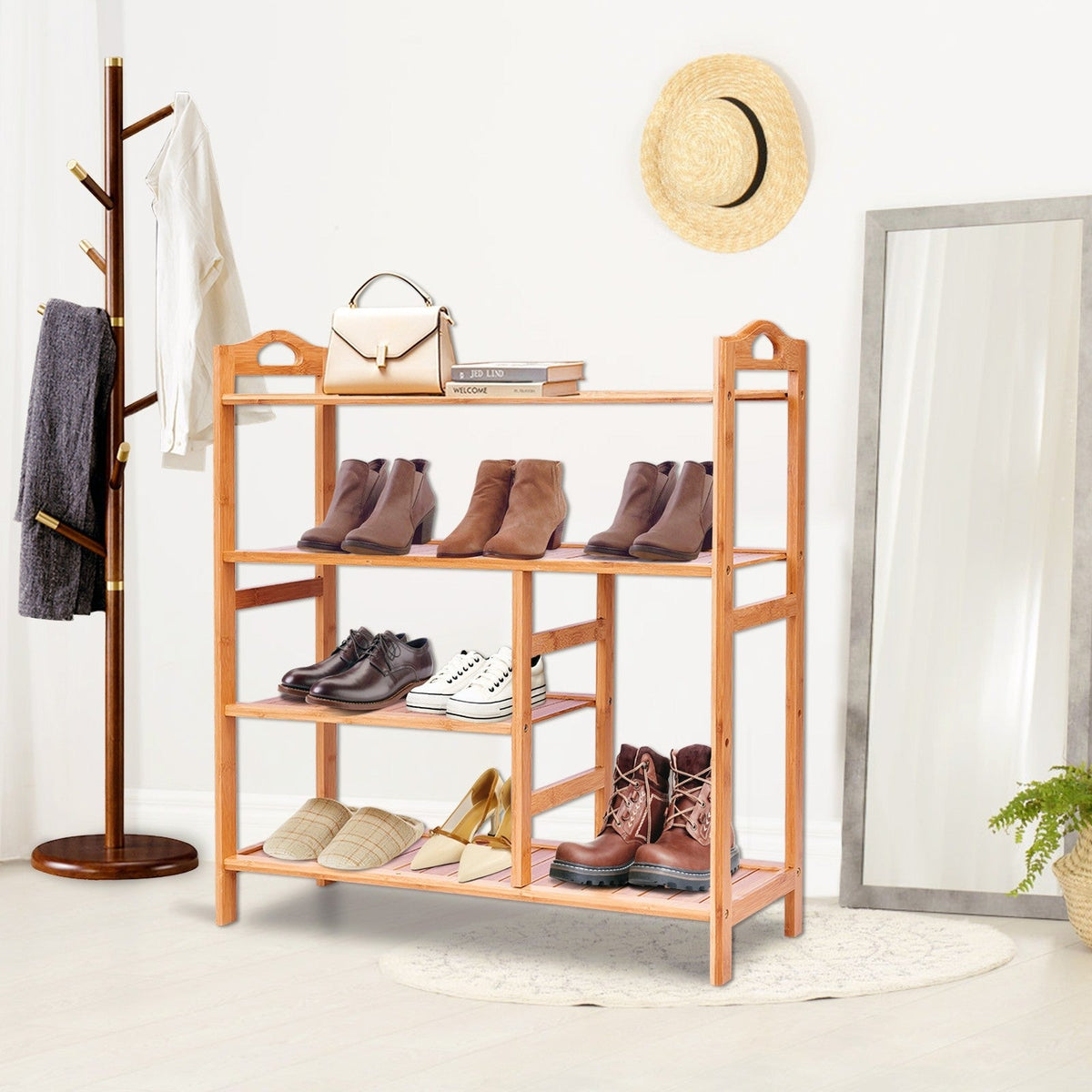 4-Tier Shoe Rack, Bamboo Shoe and Boot Rack 12-14 Pairs - Goflameus
