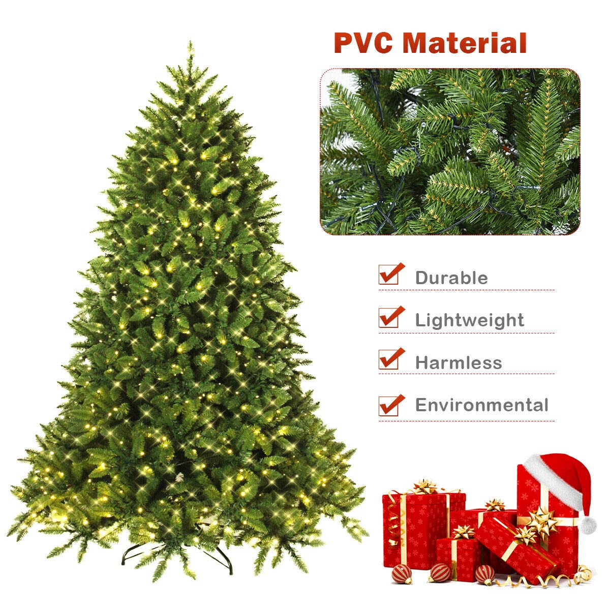 7.5ft Prelit Christmas Tree, Premium Hinged Artificial Fir Tree - GoflameUS