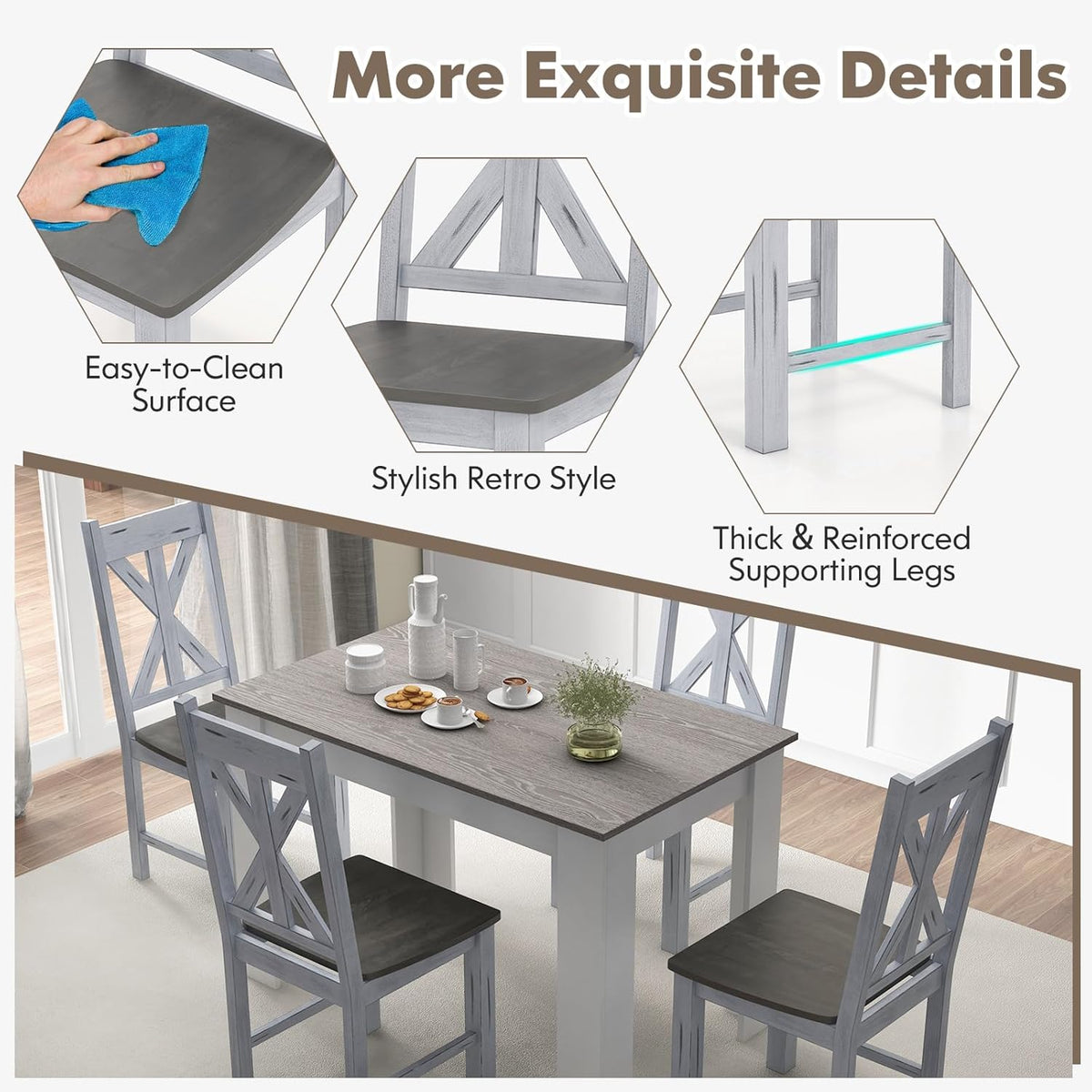 Goflame Retro Wooden Dining Chairs Set, Farmhouse Kitchen Chairs w/Rubber Wood Frame, Elegant Hollowed Backrest