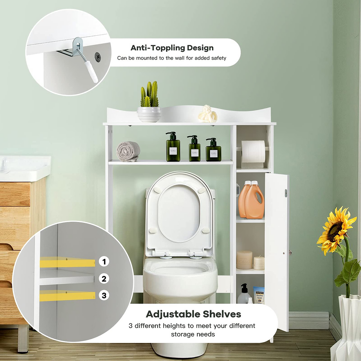 Goflame Over-The-Toilet Storage Rack, Bathroom Freestanding Space Saver with 1-Door Side Storage Cabinet