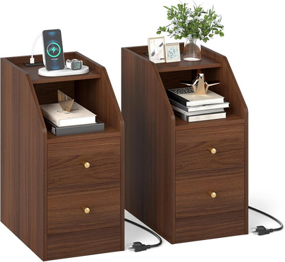 Goflame Side End Table with Charging Station Sofa Couch Table with Shelf Drawers