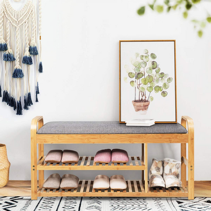 Goflame Shoe Rack Bench, Entryway 3-Tier Bamboo Shoe Organizer with Cushion (Natural and Grey)