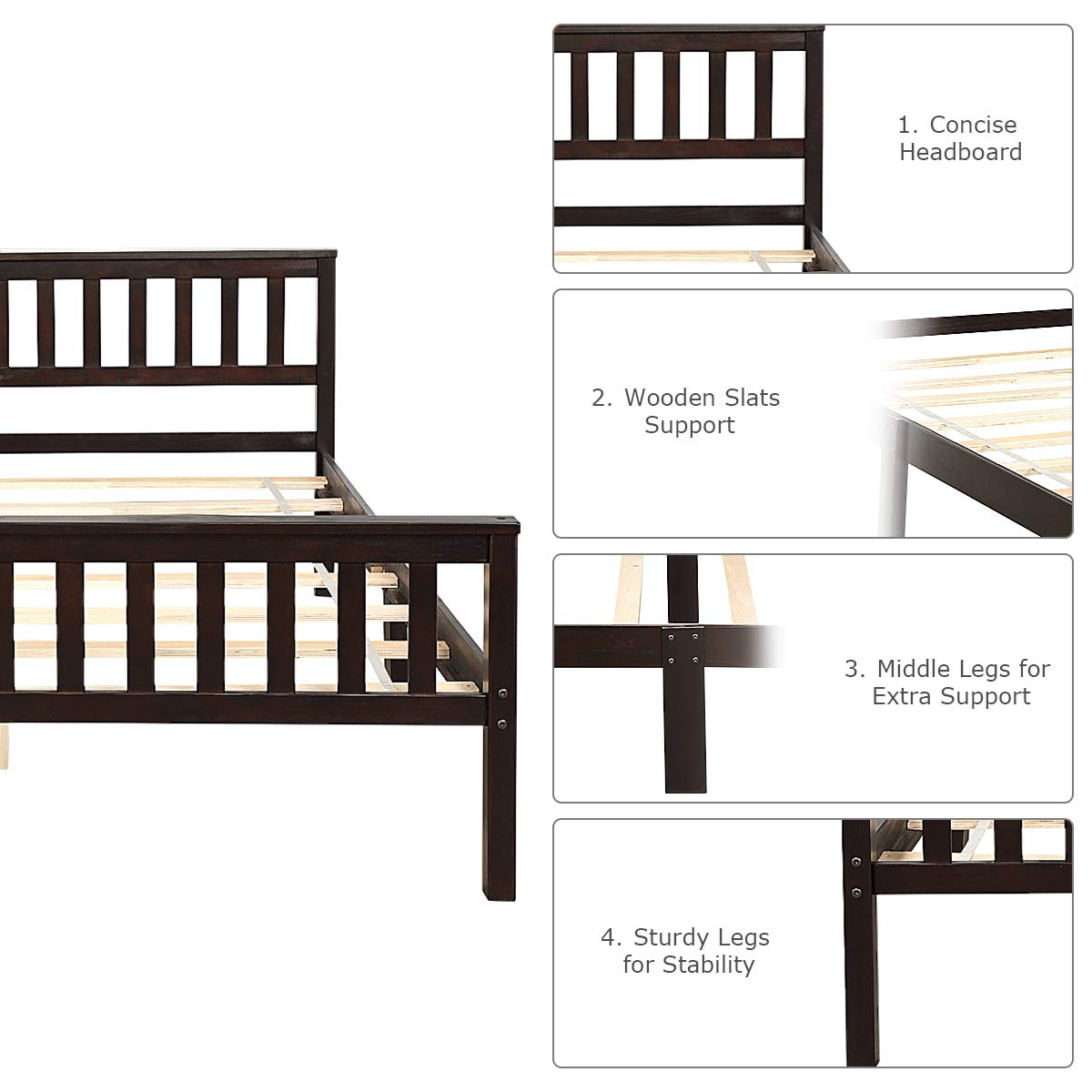 Goflame Queen Size Wood Slats Great Support with Six Legs, No Box Spring Needed, Antique Espresso