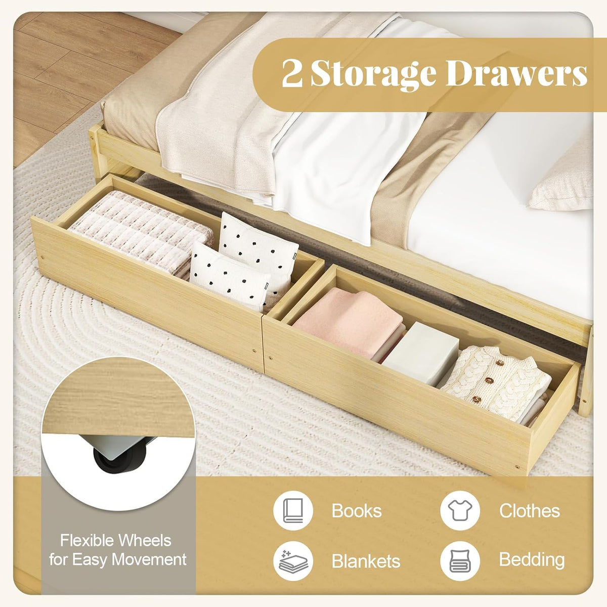 Goflame Queen/Full/Twin Size Bed Frame with 2 Storage Drawers, Solid Wood Platform Bed with Slats Support