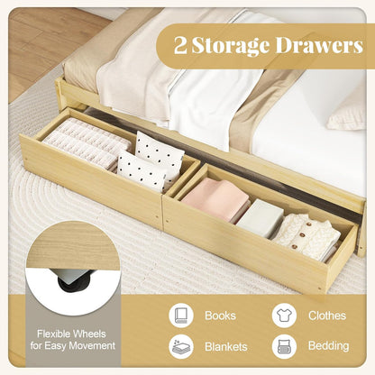 Goflame Queen/Full/Twin Size Bed Frame with 2 Storage Drawers, Solid Wood Platform Bed with Slats Support
