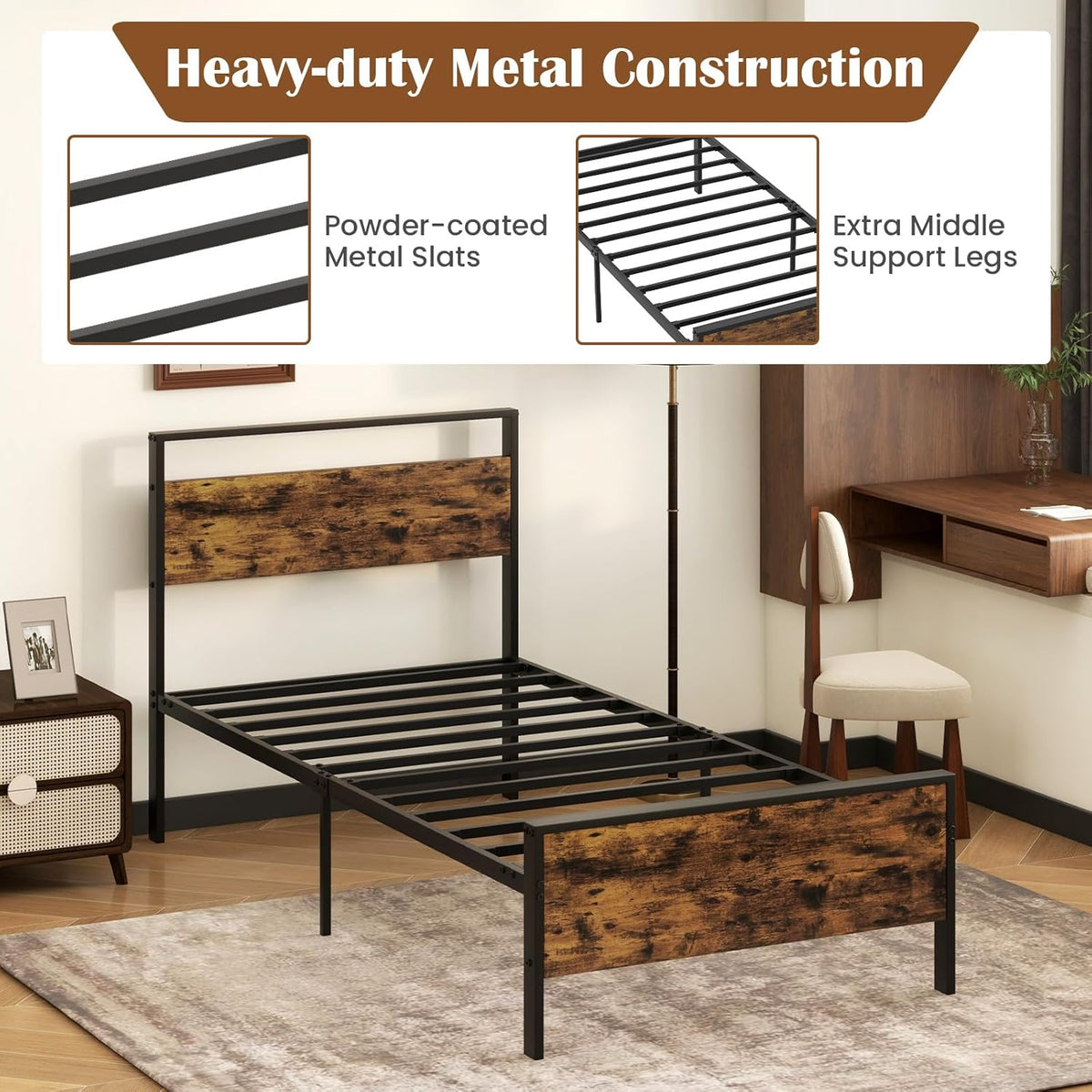 Goflame Twin Size/Full Size/King Size/Queen Metal Platform Bed Frames with Wooden Headboard & Footboard