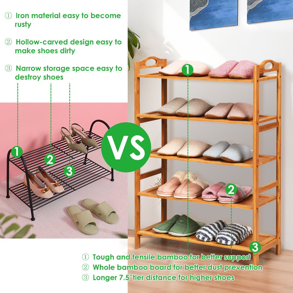 Bamboo Shoe Rack 5 Tier, Freestanding Shoe Rack - Goflameus
