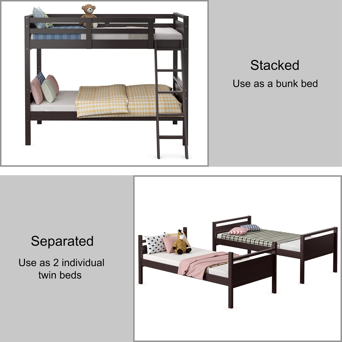Goflame Twin Over Twin Bunk Bed, Solid Wood Twin Bunk Bed Convertible Into Two Individual Beds