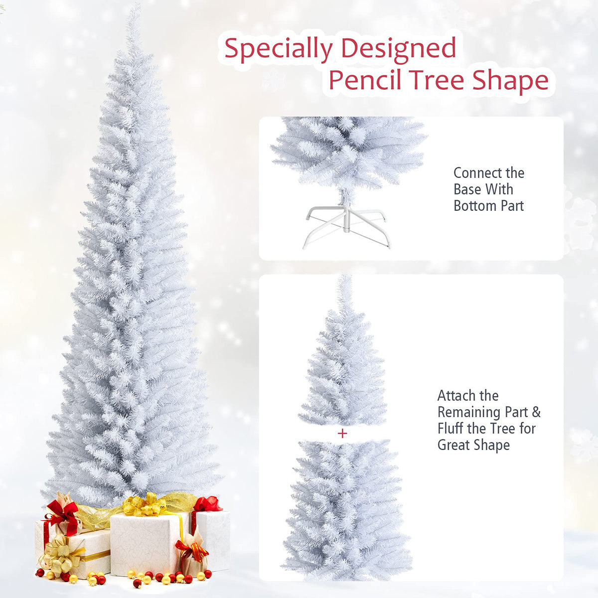 5FT / 6FT / 7FT Pencil Christmas Tree, Artificial Slim White Christmas Tree - GoflameUS