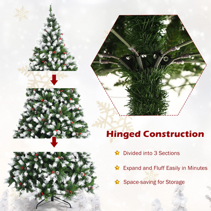 Goflame Pre-lit Snow Flocked Christmas Tree,Hinged Artificial Xmas Tree, Indoor Holiday Festival Decoration - GoflameUS