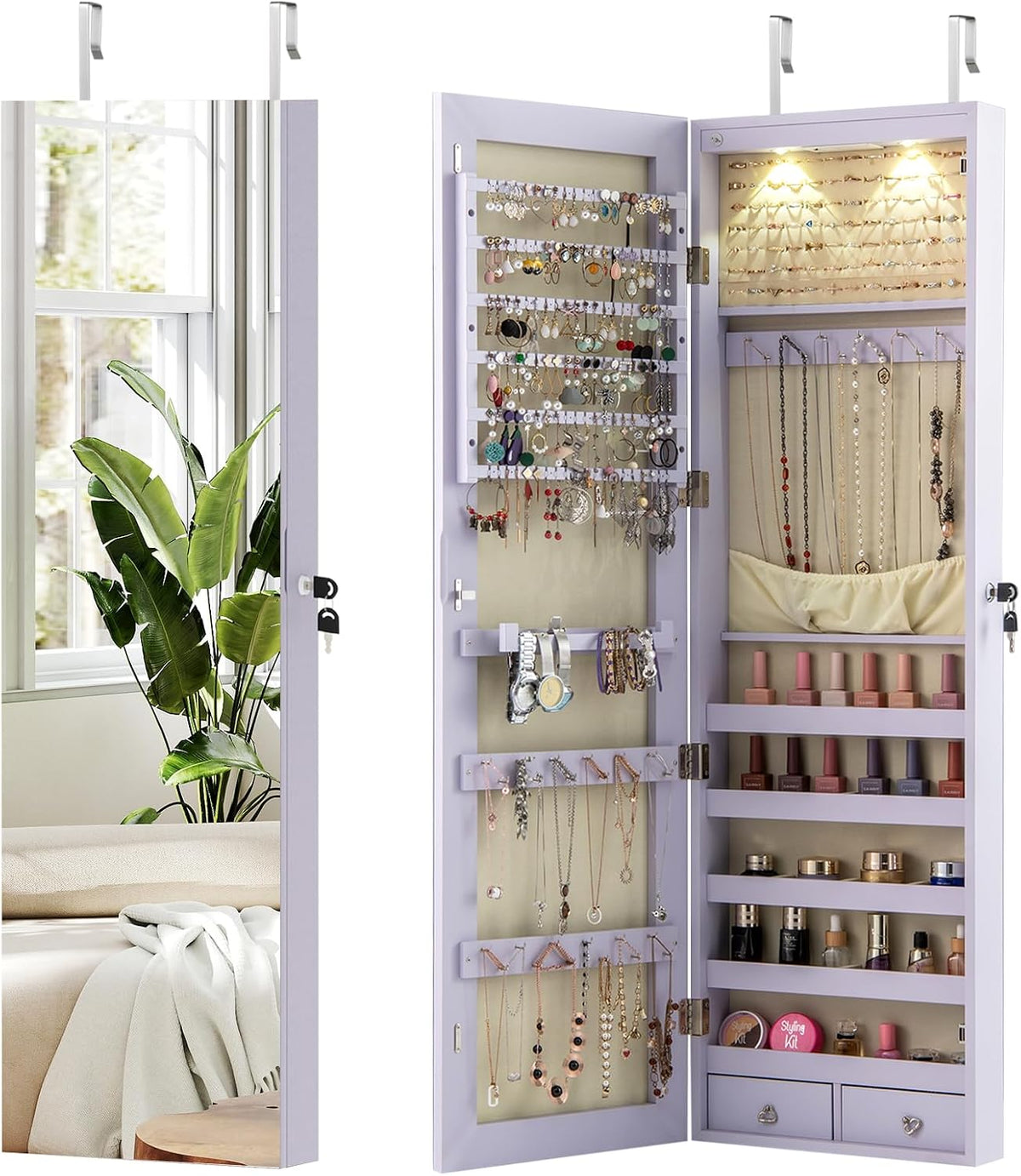 Jewelry Cabinet Wall Door Mounted, 47.5” Frameless Full Length Mirror with Storage & LED Lights